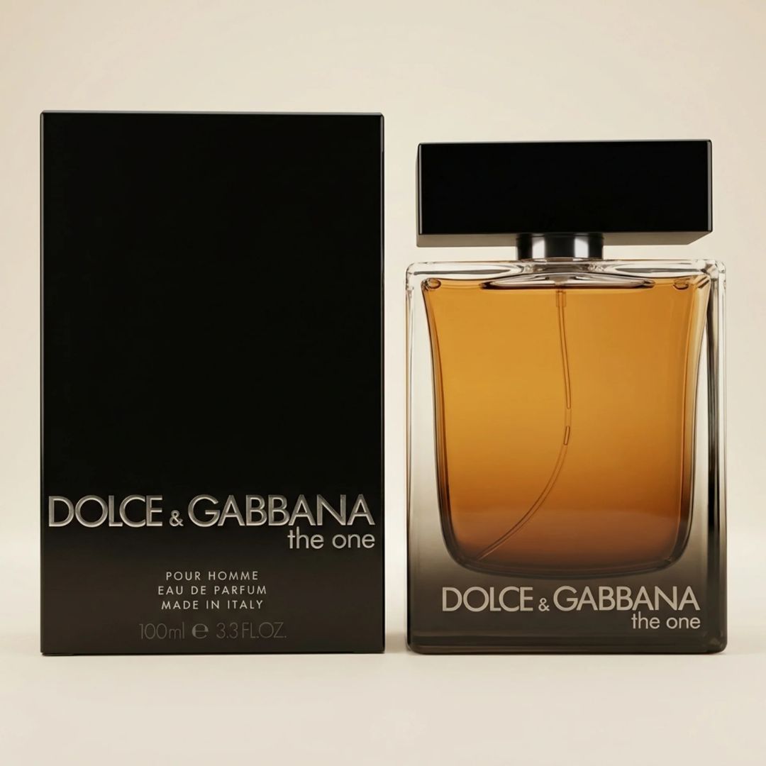 Dolce & Gabbana perfume bottle and packaging on a beige background