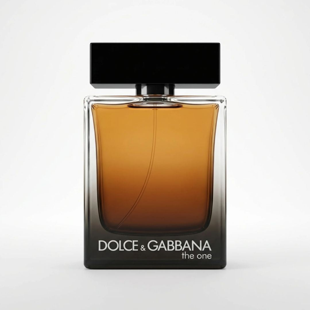Dolce & Gabbana 'The One' Eau de Toilette perfume bottle, featuring a gradient amber-brown glass body that fades to black at the base, topped with a solid black rectangular cap. The brand name is printed in white on the front of the bottle against a clean white background.
