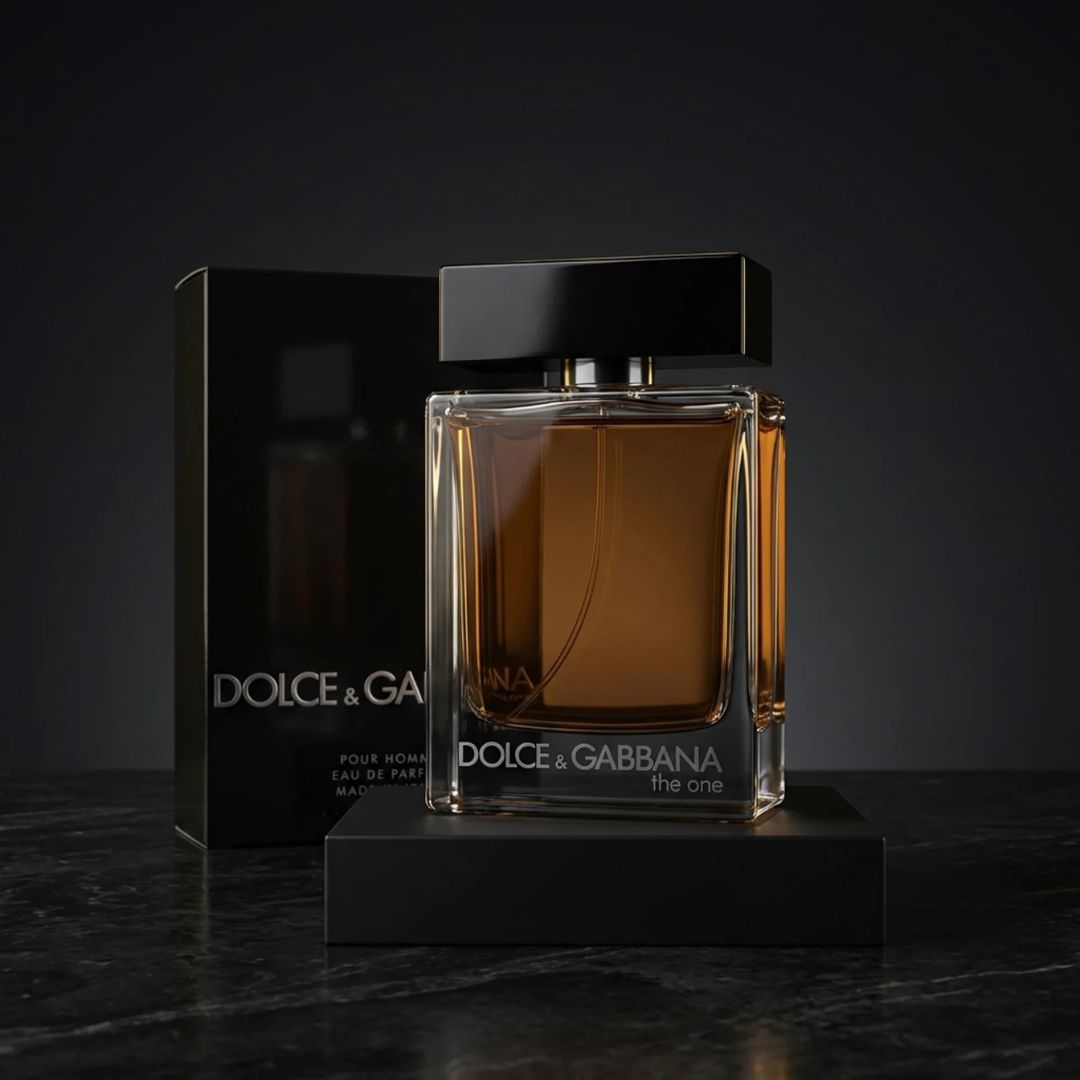 Dolce & Gabbana The One Eau de Parfum bottle with amber liquid, displayed on a black pedestal next to its black packaging box against a dark background.