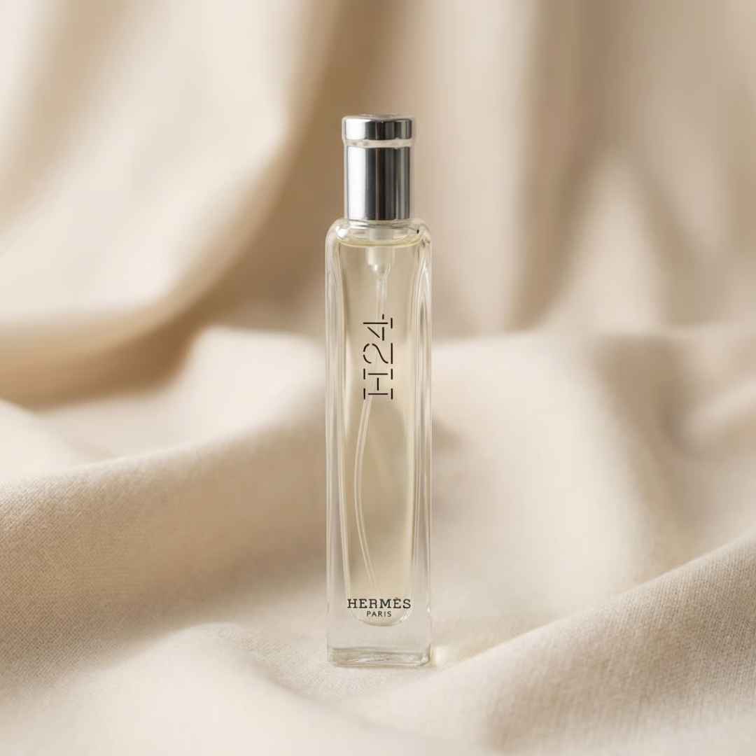 A clear rectangular perfume bottle with a silver cap, standing upright on draped cream fabric. The bottle is transparent and shows the liquid inside, with 'F24' and 'HERMES PARIS' printed on the front.