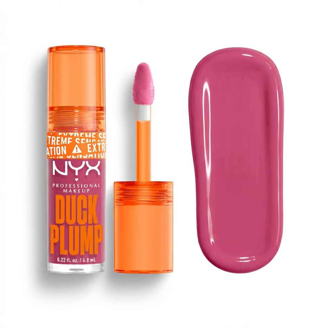 NYX Professional Makeup Duck Plump liquid lipstick in a vibrant magenta pink shade, shown with its orange capless tube, applicator wand, and a matching glossy color swatch on a white background.