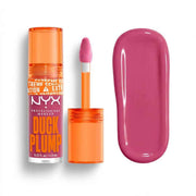 NYX Professional Makeup Duck Plump liquid lipstick in a vibrant magenta pink shade, shown with its orange capless tube, applicator wand, and a matching glossy color swatch on a white background.