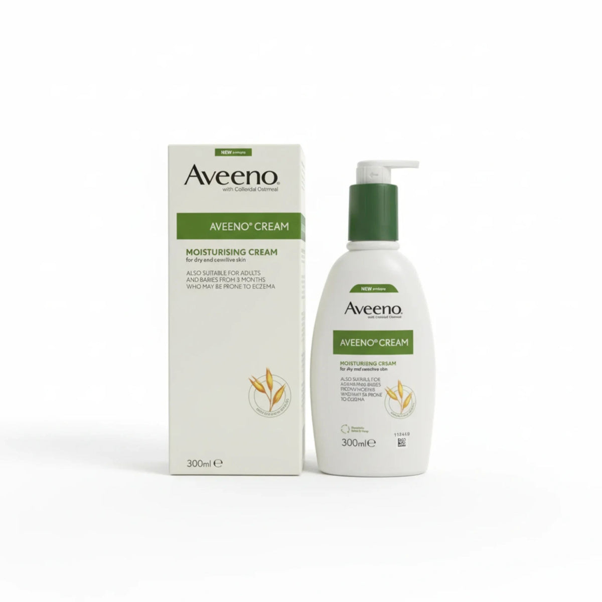 Aveeno Moisturising Cream 300ml bottle with pump and its matching white packaging box, displayed on a clean white background.