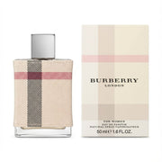Burberry London For Women Eau de Parfum 50ml bottle with its original packaging box, featuring the classic beige tartan check pattern with pink and gray stripes on a white background.