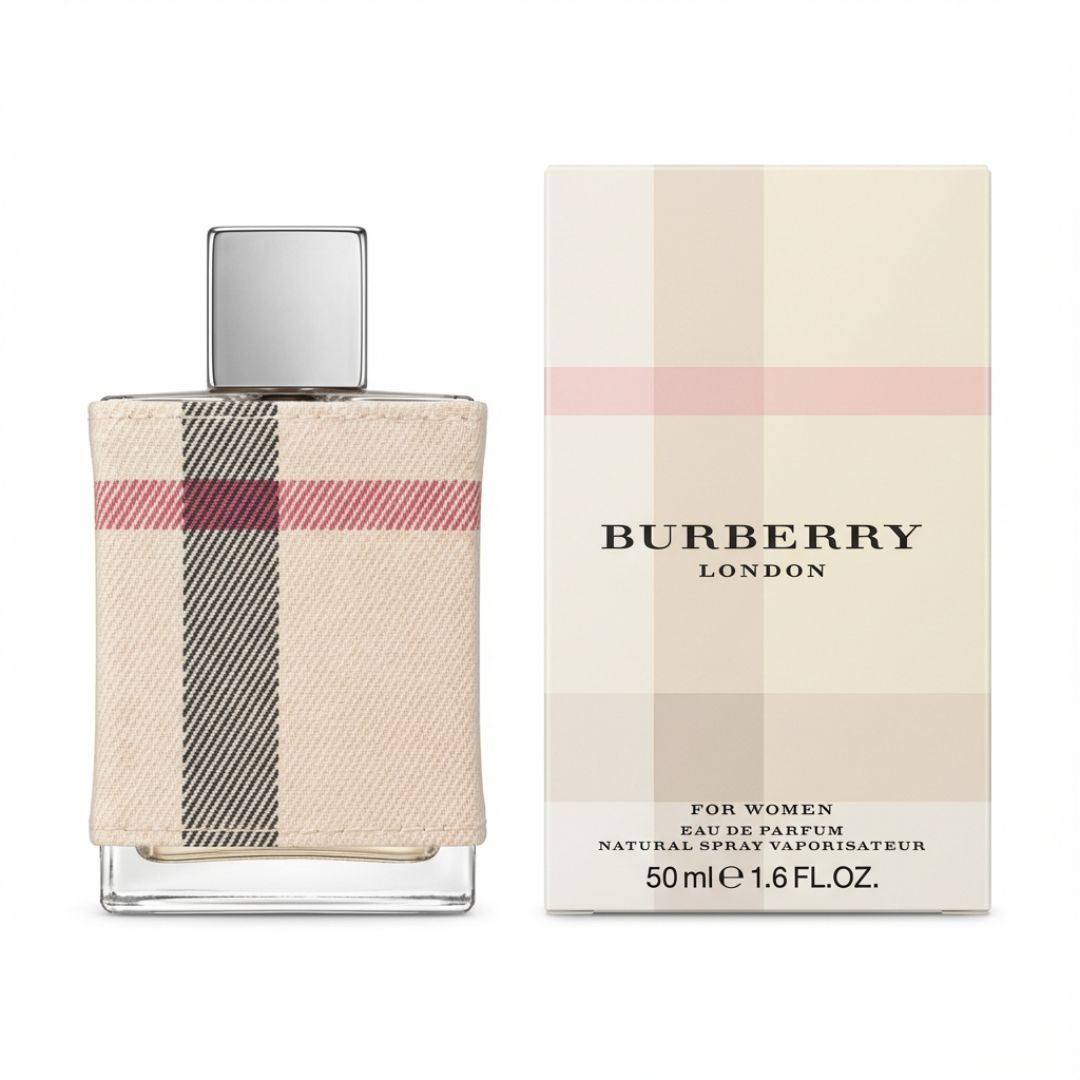 Burberry London For Women Eau de Parfum 50ml bottle with its original packaging box, featuring the classic beige tartan check pattern with pink and gray stripes on a white background.