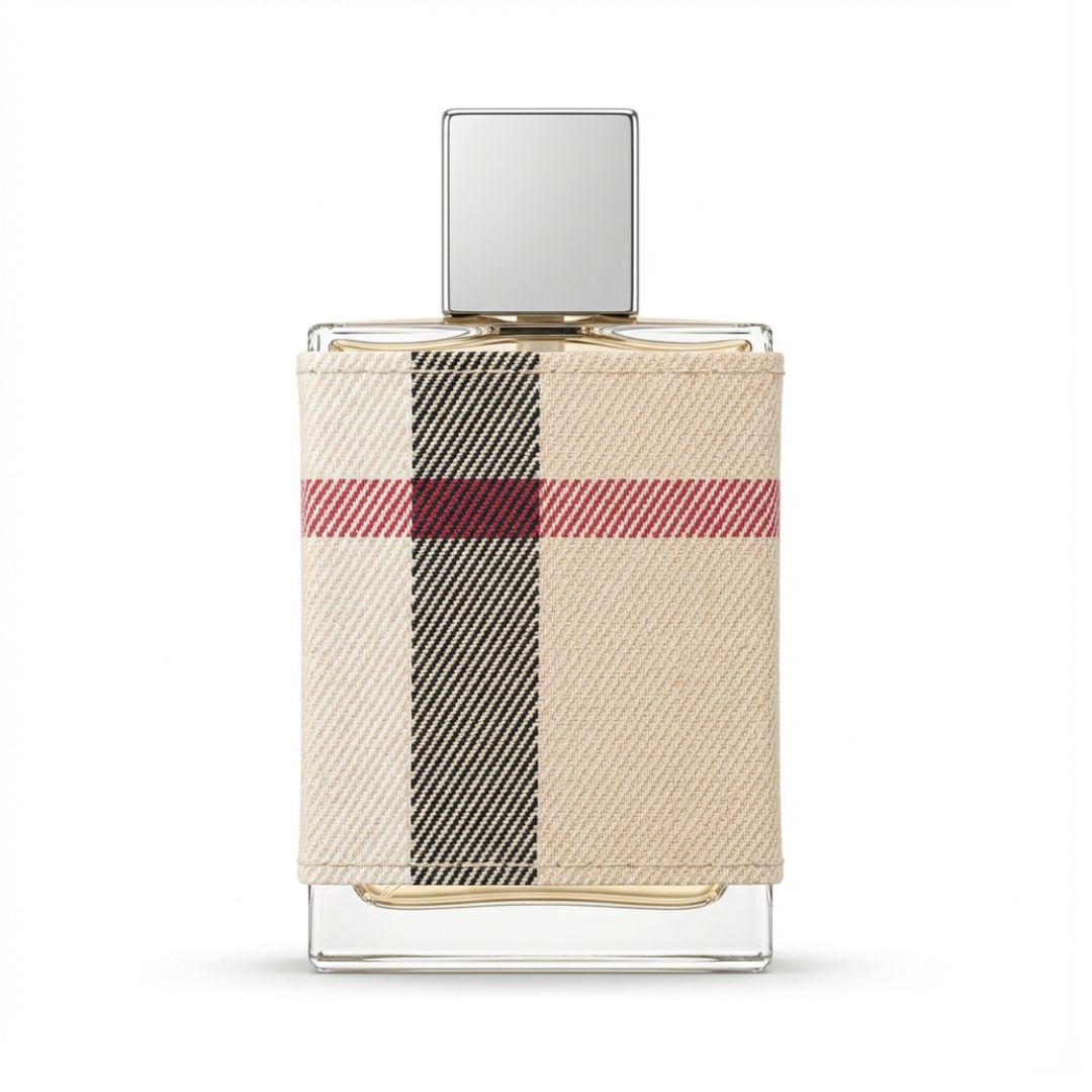 A rectangular perfume bottle with a beige plaid pattern wrap featuring a vertical black stripe and a horizontal red stripe, topped with a square silver cap, on a white background.
