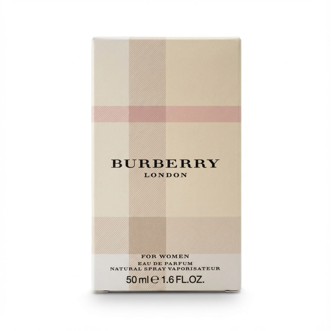 Burberry London For Women Eau de Parfum 50ml box featuring the classic beige and pink check pattern, on a white background.