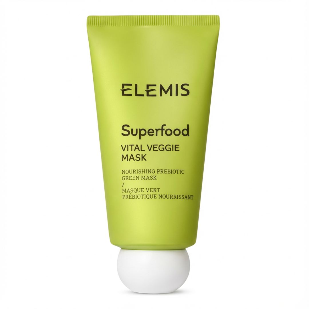 Elemis Superfood Vital Veggie Mask in a lime green squeeze tube with a white cap, shown on a plain white background.
