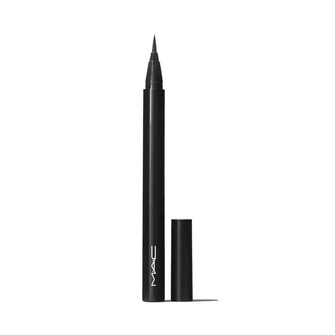 A black MAC liquid eyeliner pen with its cap removed and standing beside it on a clean white background.
