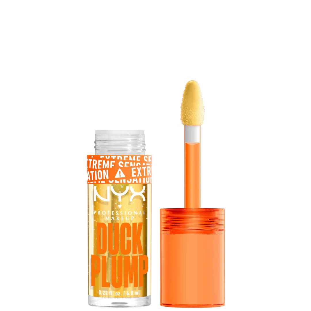 NYX Professional Makeup Duck Plump Extreme Makeup Stick in a clear tube with orange and yellow label, shown next to its orange applicator wand on a white background.