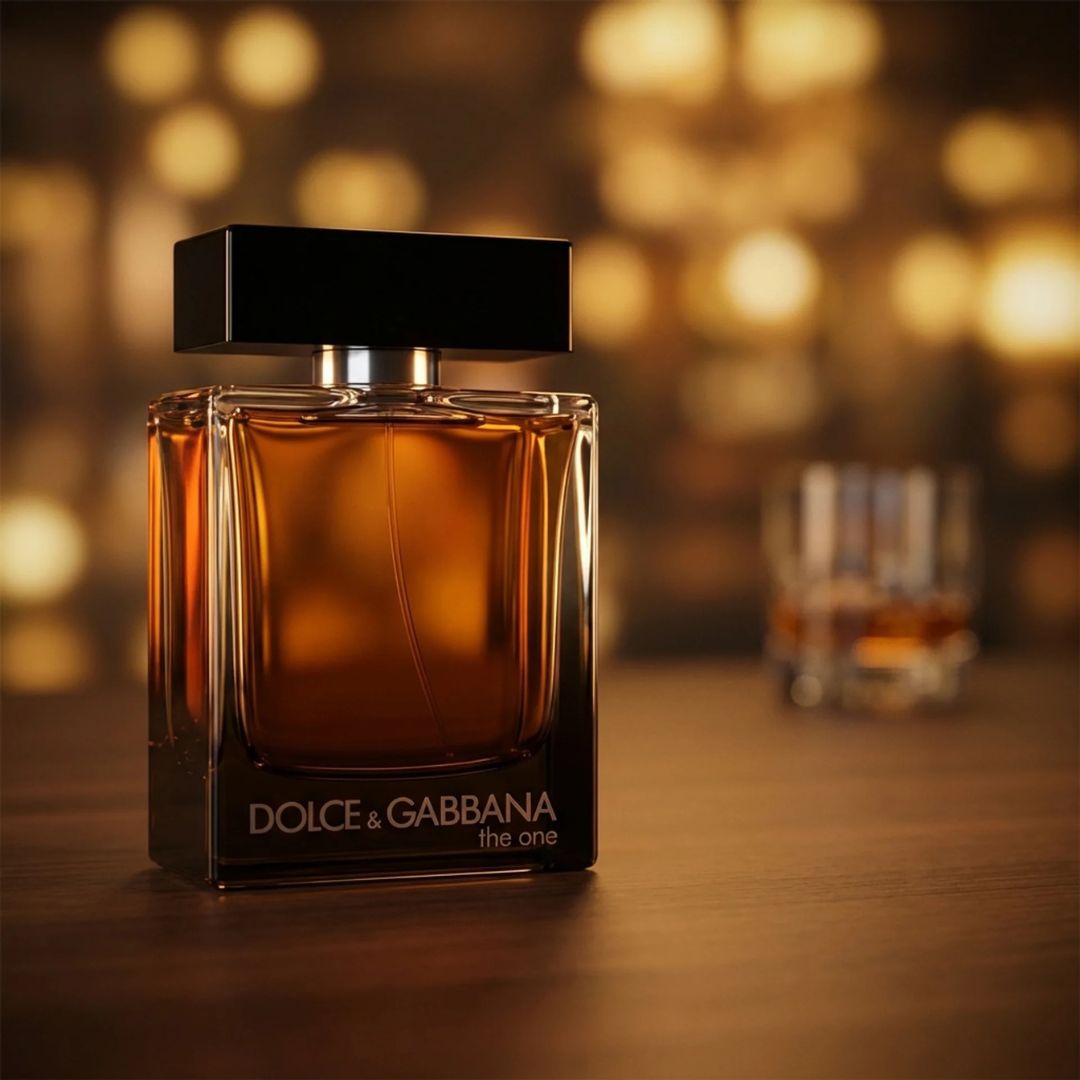 Dolce & Gabbana perfume bottle on a wooden surface with a blurred background