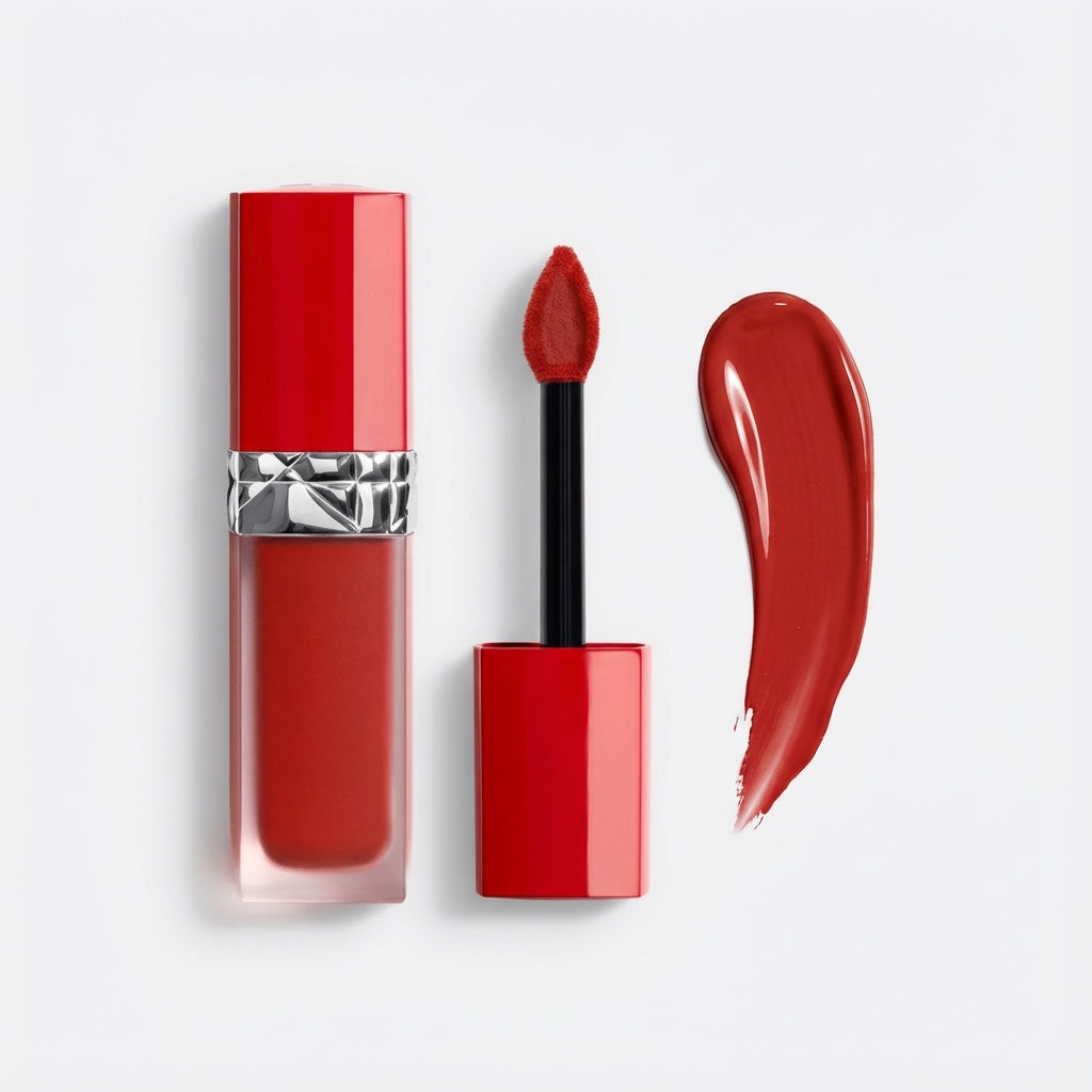 A liquid lipstick in a vibrant red shade, shown with its cap off, the applicator wand, and a glossy product swatch smear on a clean white background.