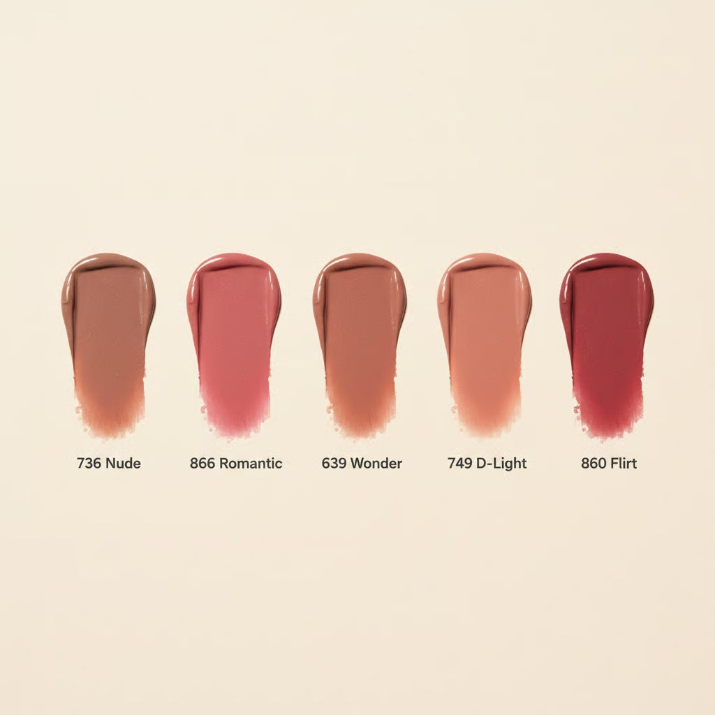 Five lipstick color swatches arranged in a row on a warm beige background, labeled 736 Nude, 866 Romantic, 639 Wonder, 749 D-Light, and 860 Flirt.